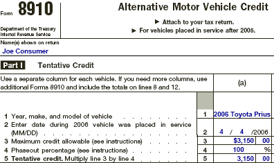 Form 8910 - Alternative Motor Vehicle Tax Credit